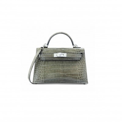 HERMÈS MASTER MINI KELLY II GLOSSY CROCODILE TURTLEDOVE GRAY SILVER BUCKLE (19*12*5.5cm) 